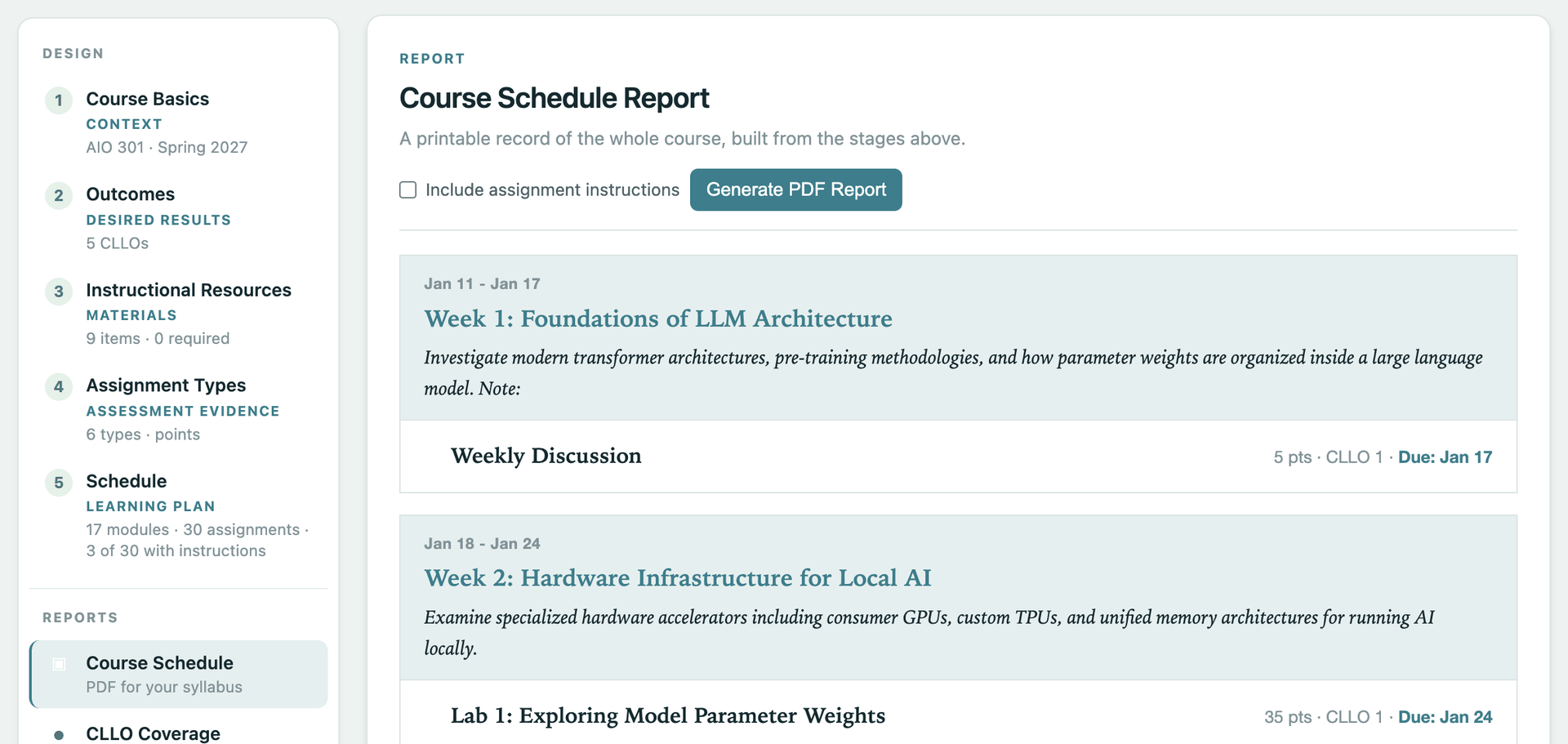 The Coursetrix Pro editor, showing the design stage rail beside a course schedule report of dated modules and assignments.